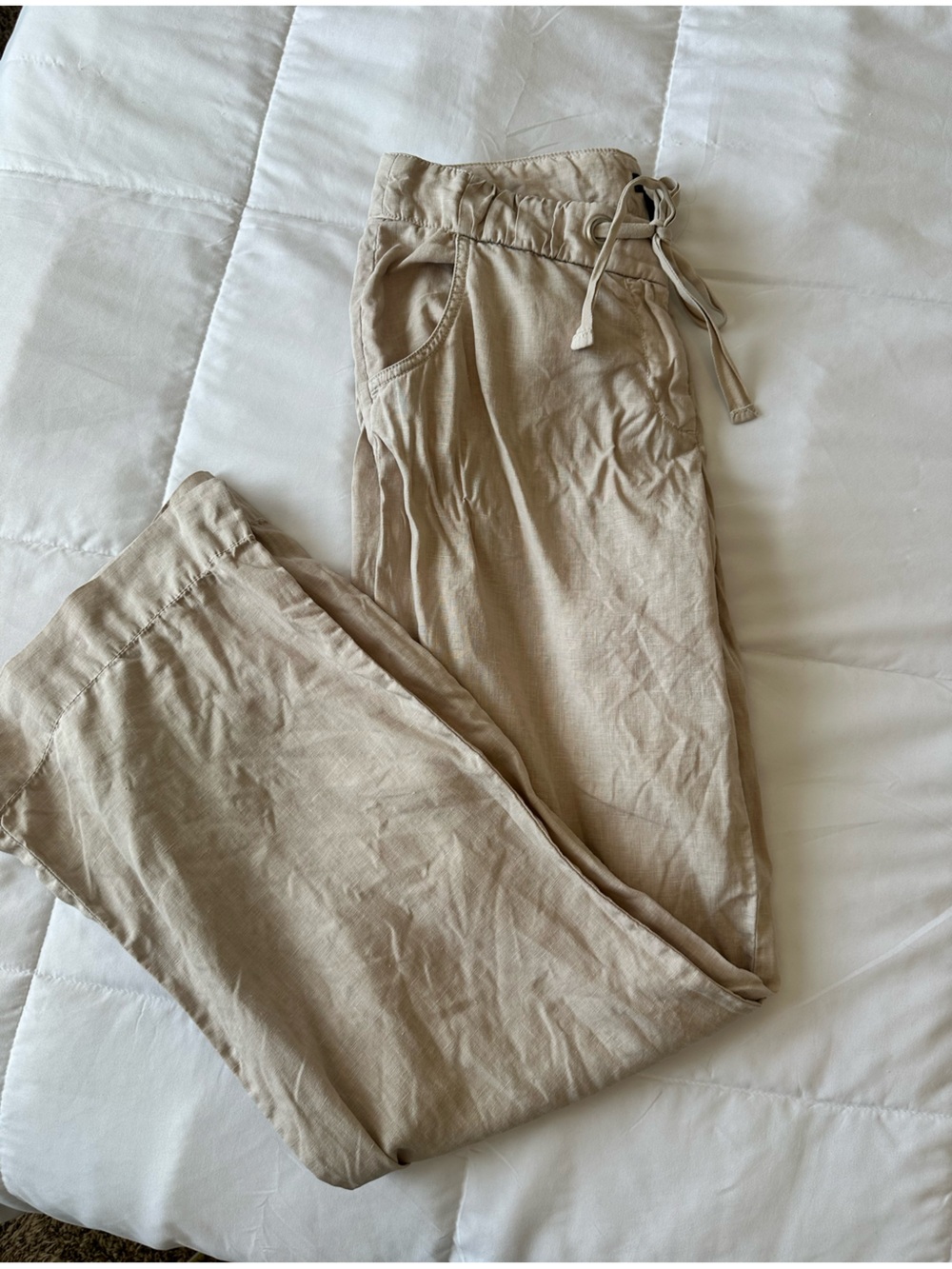 J. Crew 100% Linen Wide Leg Drawstring Pants Tan Size 6 Coastal Core